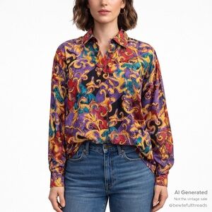 Joule M Multicolor Baroque Silk Blouse Vintage 80s Statement